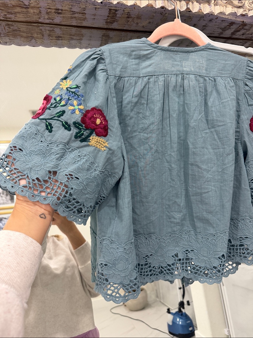 Embroidered Blue Cotton Open-Front Blouse with Floral Motifs - Picture 8 of 9